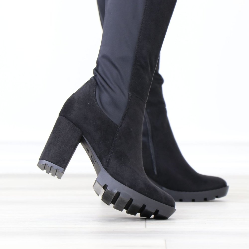 Black Faux Suede Round Toe Thigh High Over The Knee Lug Block Heel Boots - Picture 5 of 14